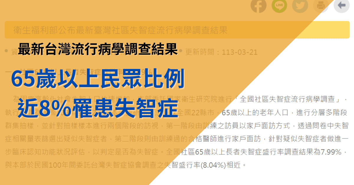 最新台灣失智症盛行率調查出爐，65歲以上民眾比例近8%罹患失智症，一起瞭解完整報告吧!｜家天使-找看護第一品牌