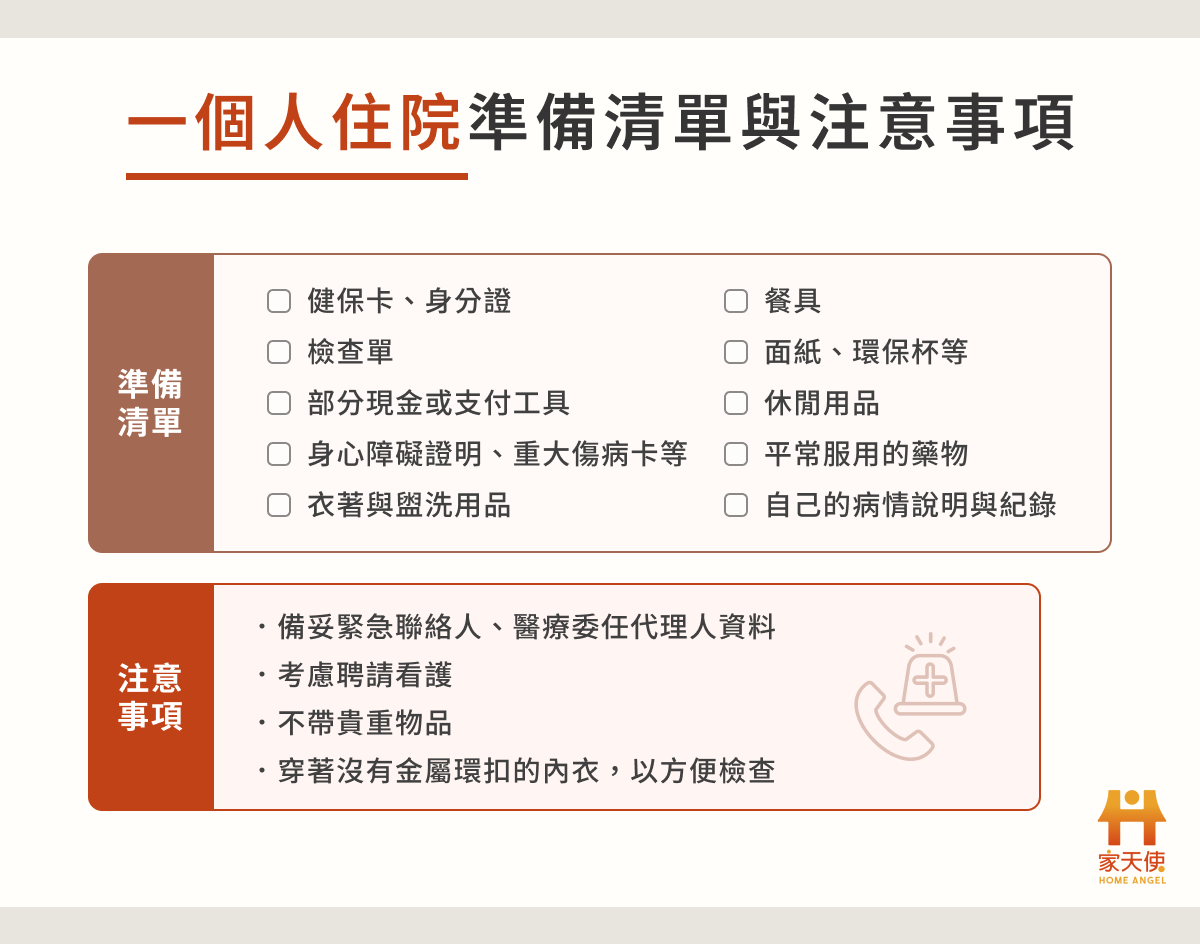 一個人住院可從證件、醫療資料、衣物、清潔與生活用品開始準備。