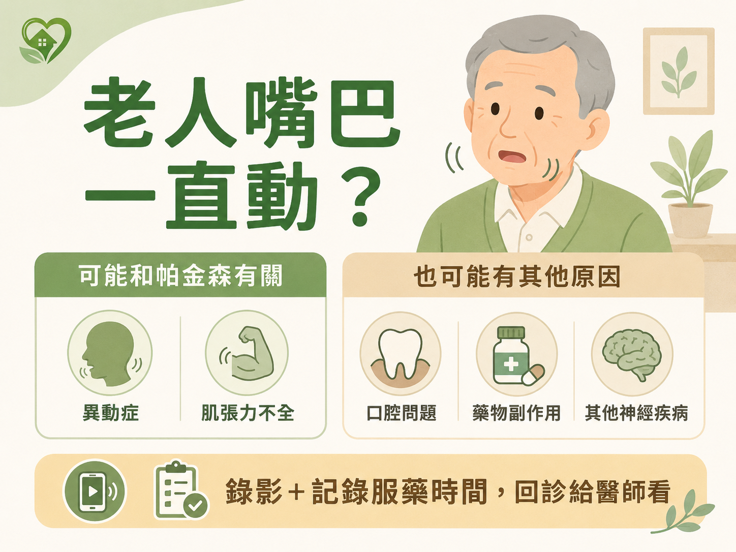 老人嘴巴一直動或不自主咀嚼,可能與異動症、肌張力不全、藥物或其他疾病有關